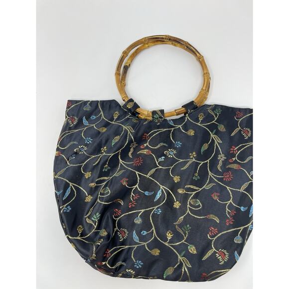 Women's Handbag Asian inspired Bambo Circle Handels Black Flower Embroidered - Picture 3 of 9